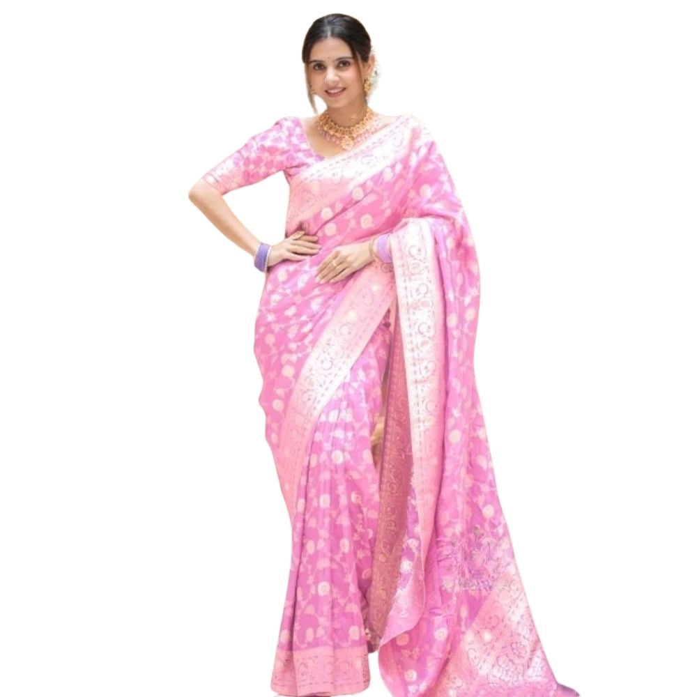 Pink silk printed saree with unstitched blouse (5.5mtr), high-quality, traditional Indian attire on mannequin