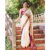 White silk printed saree with unstitched blouse, 5.5mtr length