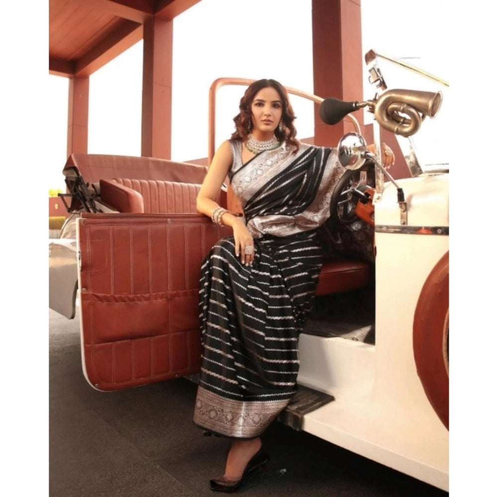 Black silk printed saree with unstitched blouse (5.5mtr), luxury Indian women's wear on display