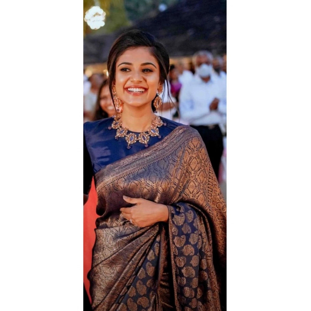 Blue silk printed saree with unstitched blouse (5.5mtr) - elegant Indian women's attire