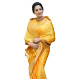 Yellow silk printed saree with unstitched blouse (5.5mtr), vibrant floral pattern on display