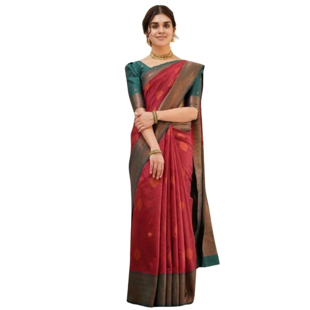 Red silk printed saree with unstitched blouse (5.5mtr), vibrant design on display