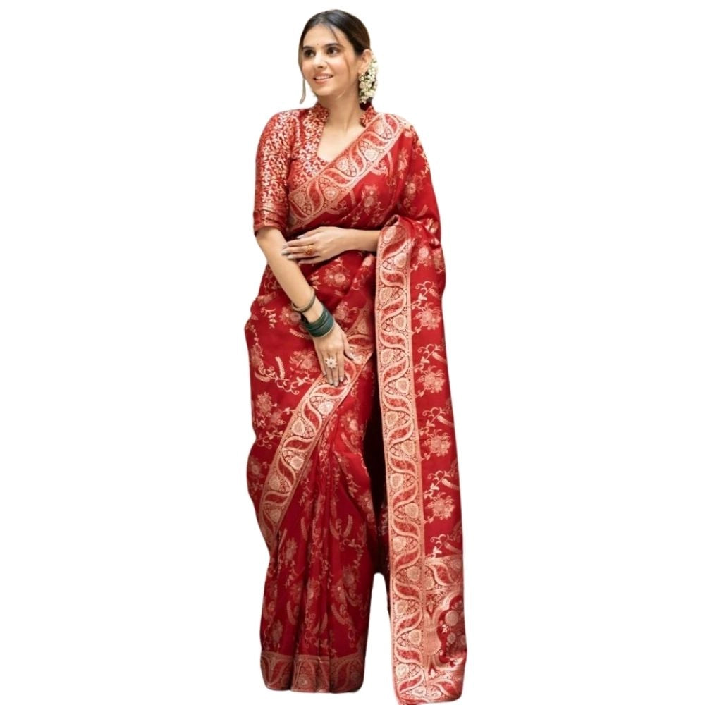 Red silk printed saree with unstitched blouse (5.5mtr), intricate patterns on traditional Indian attire