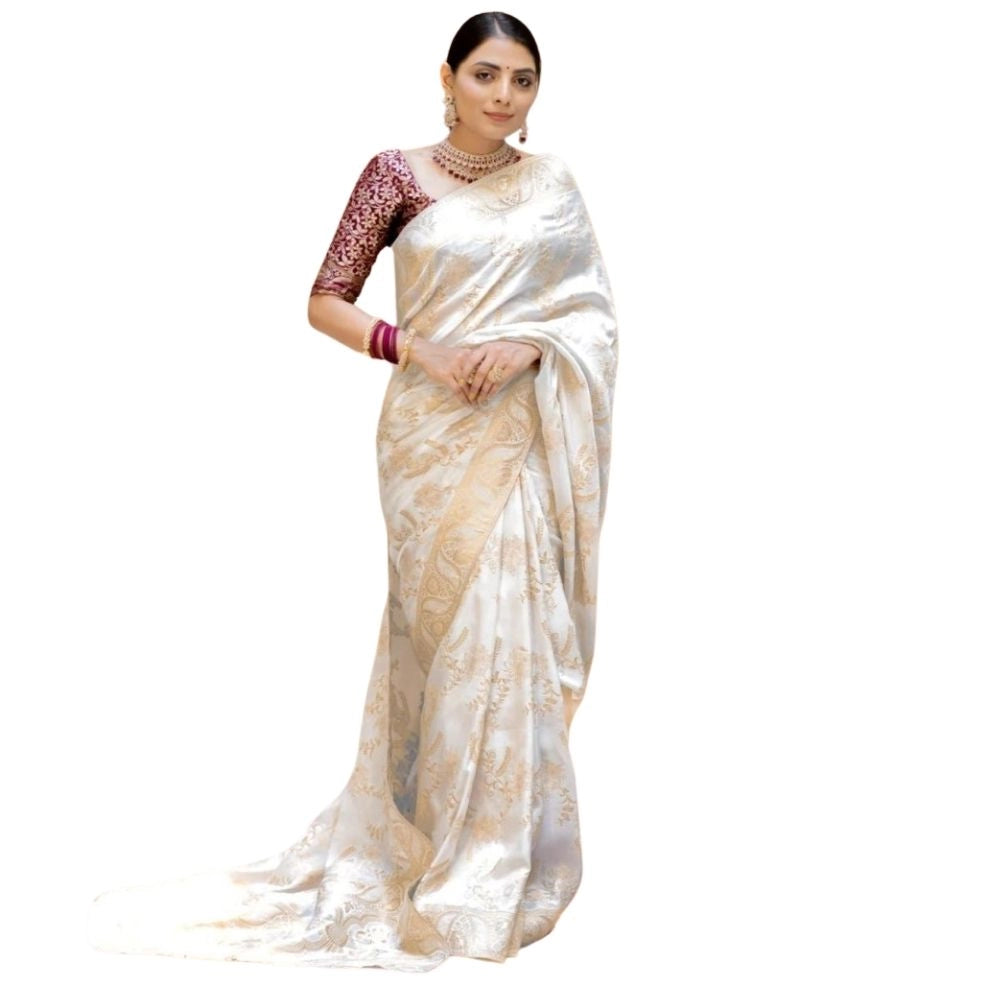 White silk printed saree with unstitched blouse (5.5Mtr) on mannequin