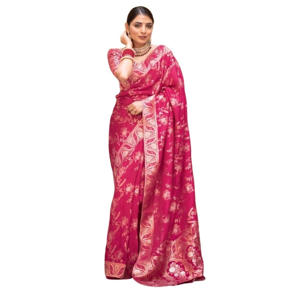 Pink silk printed saree with unstitched blouse (5.5mtr), luxurious Eastern wear for women