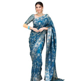 Teal blue silk printed saree with unstitched blouse (5.5mtr) - vibrant, luxurious Indian women's wear