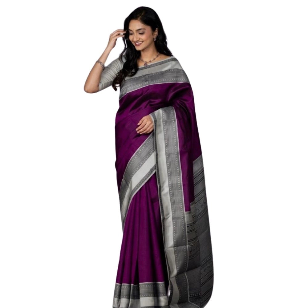 Purple silk printed saree with unstitched blouse (5.5Mtr), intricate design on luxurious material for traditional Indian wear