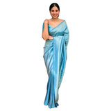 Sky blue silk printed saree with unstitched blouse (5.5Mtr), luxurious silk fabric, traditional Indian women's attire on mannequin