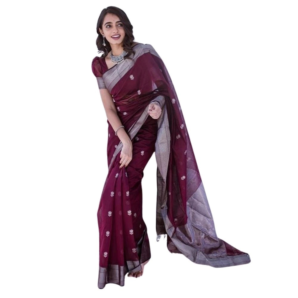 Women's Cotton  Printed Saree With Unstitched Blouse 5.5Mtr (Maroon)