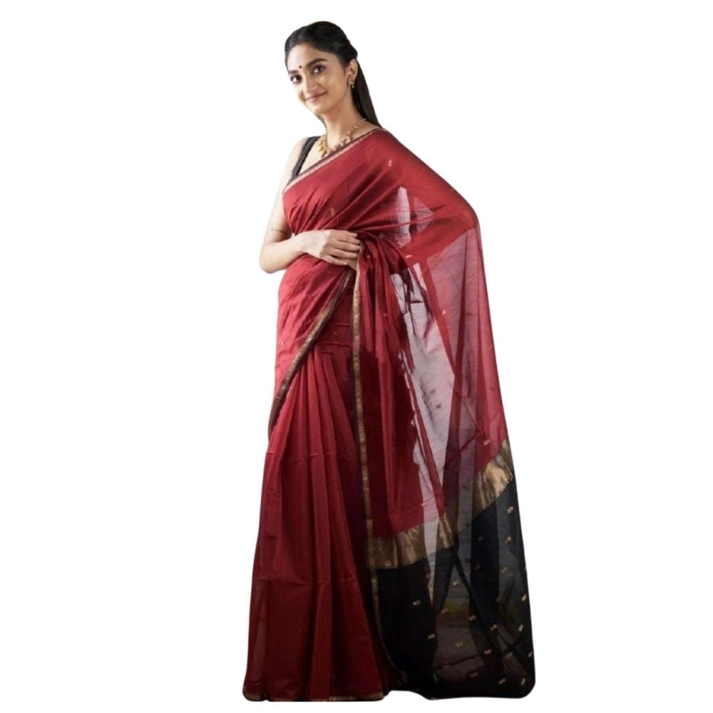 Red cotton printed saree with unstitched blouse (5.5Mtr) on mannequin