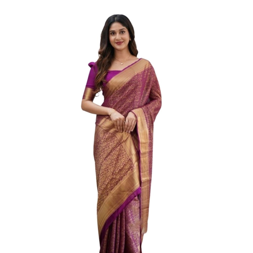 Women's wine silk printed saree with unstitched blouse (5.5Mtr), elegant silk fabric on display