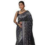 Navy blue silk printed saree with unstitched blouse, luxurious and vibrant Indian women's wear