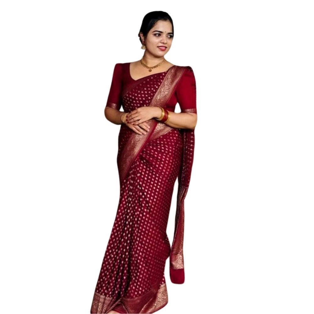 Maroon silk printed saree with unstitched blouse (5.5mtr), exquisite Indian bridal wear