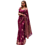 Women's silk printed wine saree with unstitched blouse (5.5Mtr), vibrant pattern on display