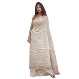 Cream cotton printed saree with unstitched blouse (5.5mtr) - Indian women's traditional attire on mannequin