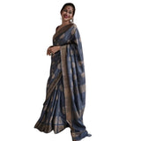 Grey silk printed saree with unstitched blouse, 5.5Mtr length on mannequin for women's traditional wear