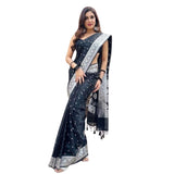 Black silk printed saree with unstitched blouse (5.5Mtr), elegant Indian women's wear on mannequin