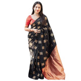 Black-Orange silk printed saree with unstitched blouse, 5.5Mtr length on mannequin