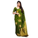 Green silk printed saree with unstitched blouse, 5.5mtr length on mannequin