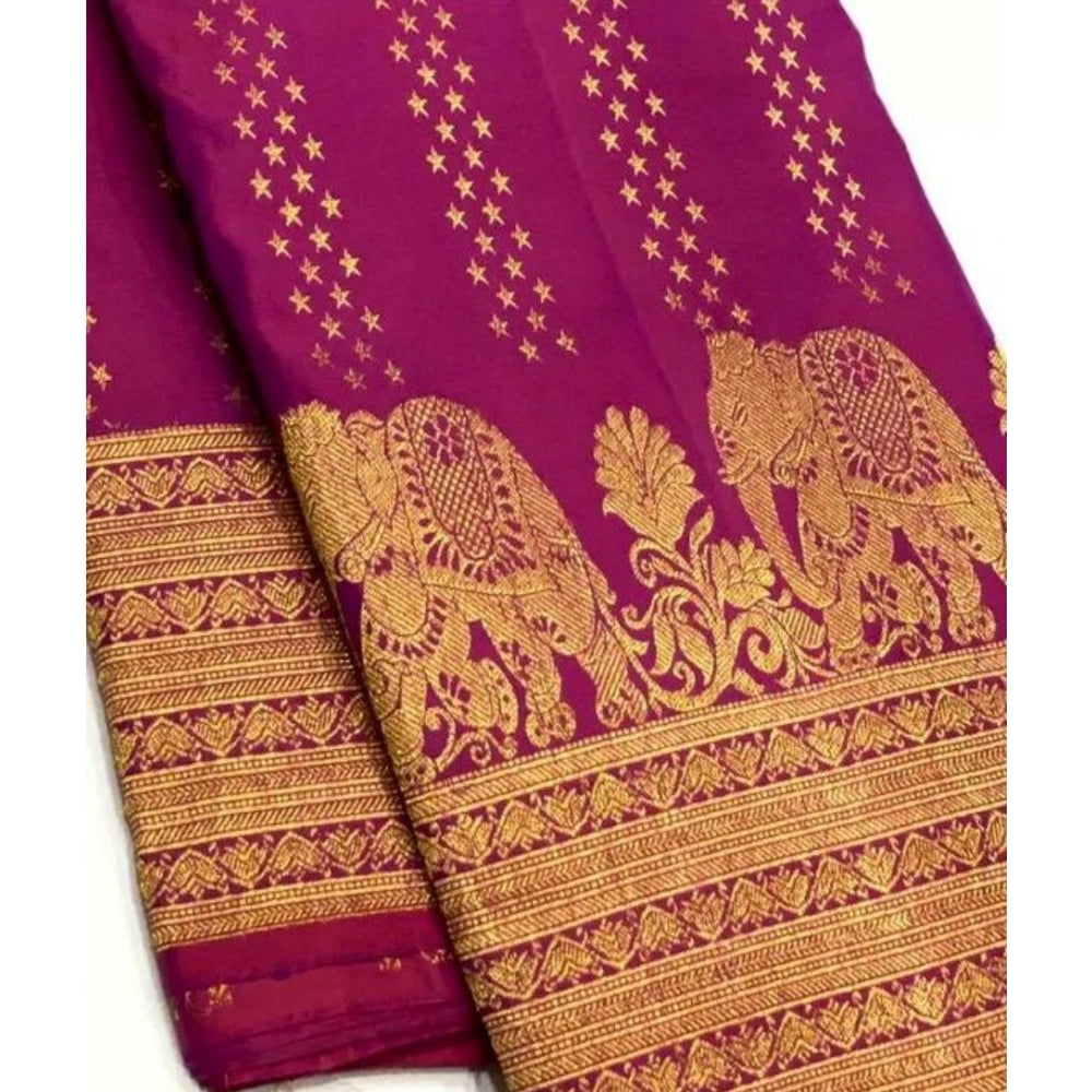Rani pink silk printed saree with unstitched blouse (5.5mtr), elegant traditional women's wear on display
