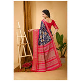 Navy blue Kalamkari printed soft Dola cotton saree with unstitched blouse, vibrant Indian fashion accessory