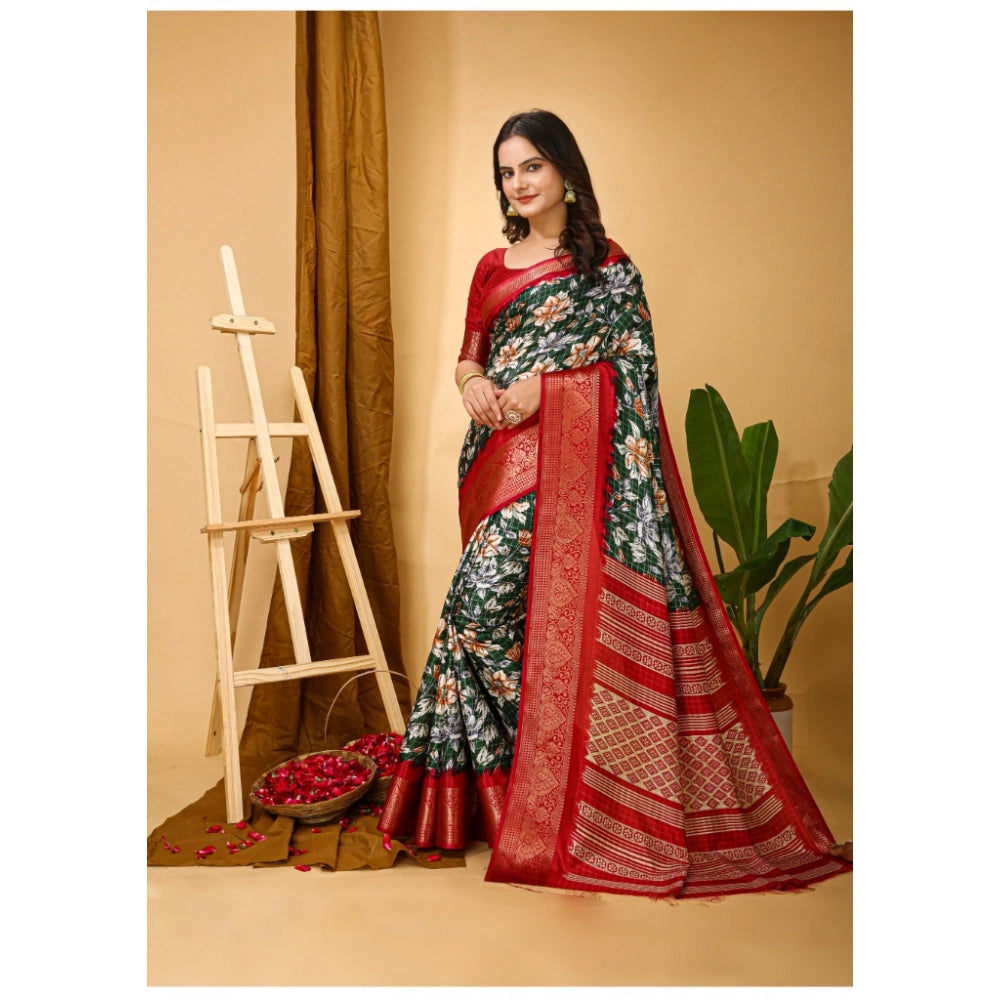 Green soft Dola cotton Kalamkari printed saree with unstitched blouse, vibrant design for traditional Indian wear