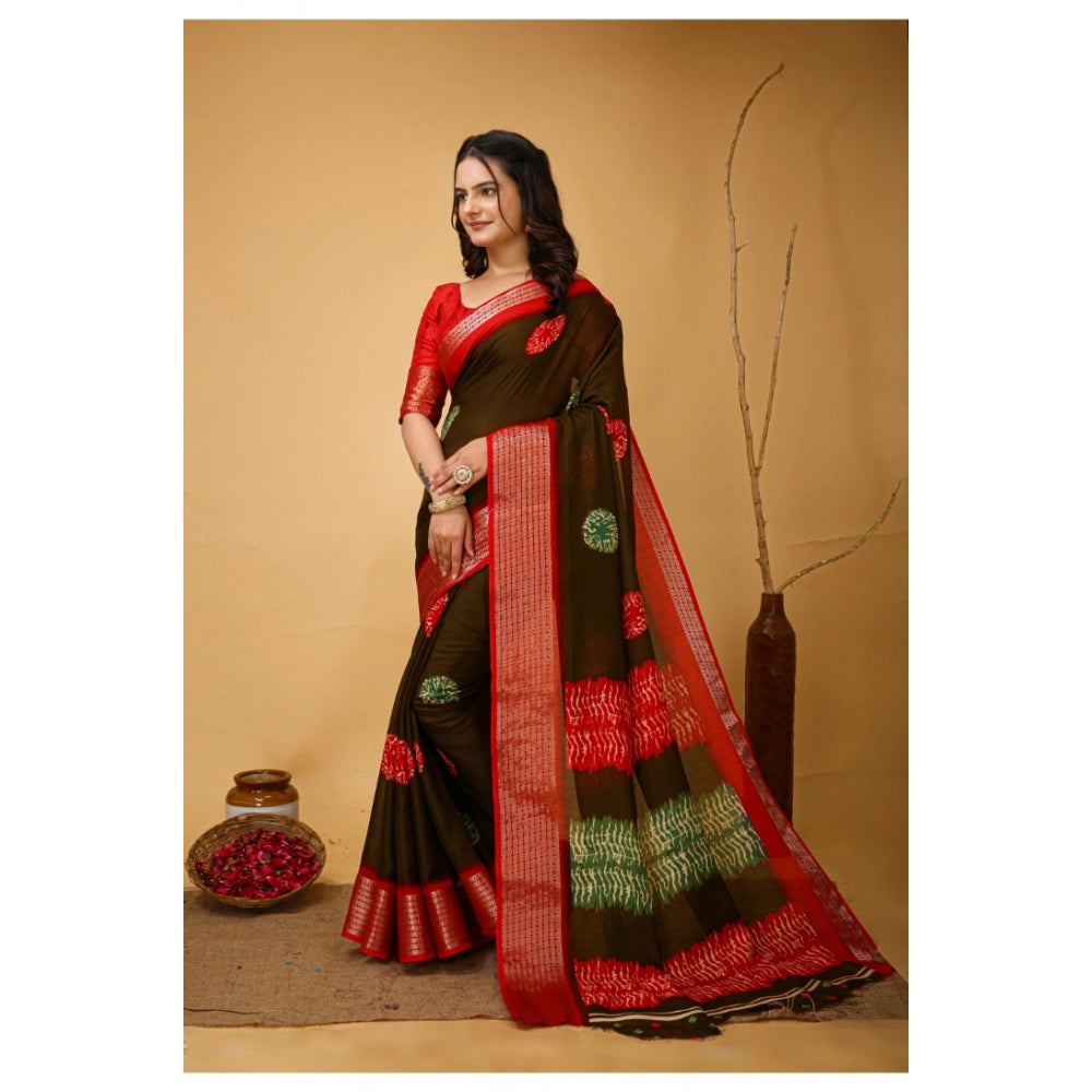 Soft blooming marshmallow fabric kalamkari printed saree with unstitched blouse, mehendi color