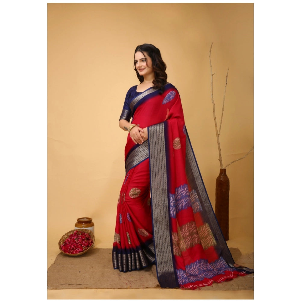 Red Kalamkari printed saree with unstitched blouse, featuring soft blooming marshmallow fabric
