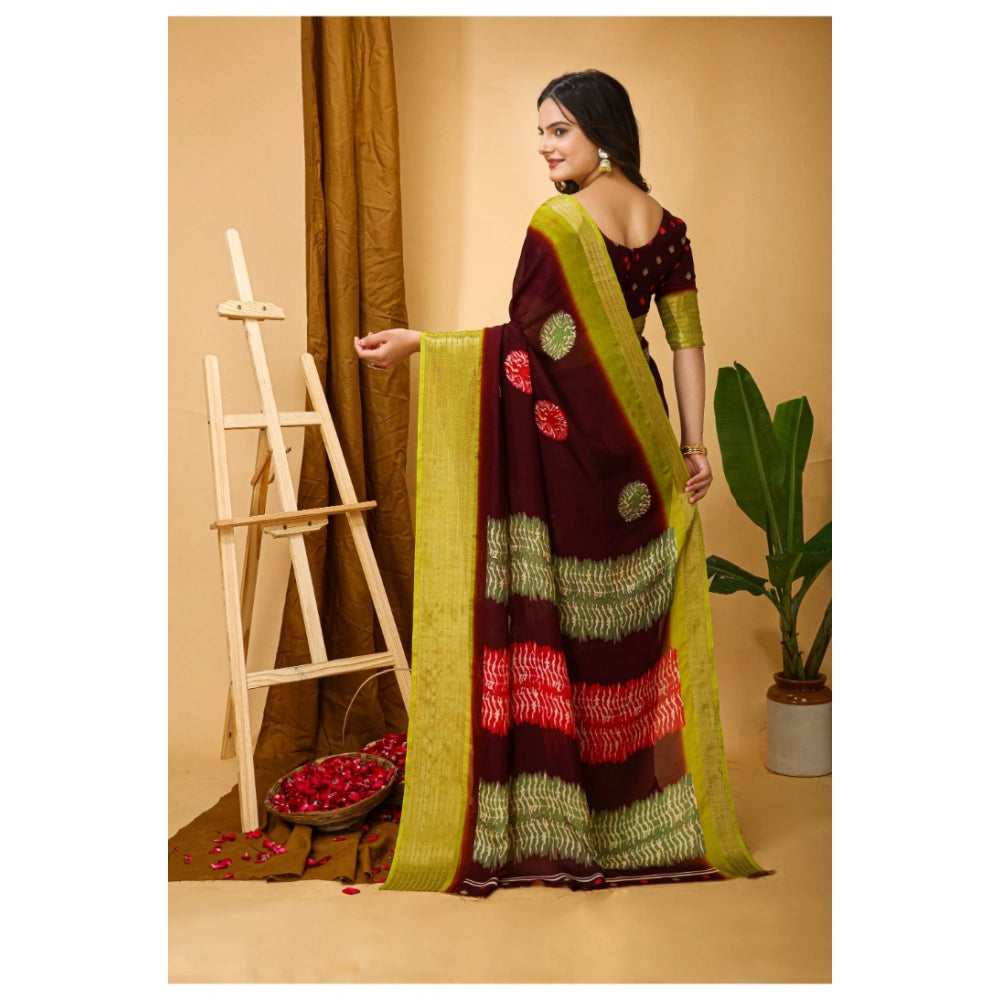 Maroon marshmallow fabric Kalamkari printed saree with unstitched blouse, soft and vibrant on mannequin