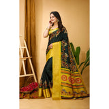 Green Dola Cotton Kalamkari printed saree with unstitched blouse, vibrant traditional Indian attire on mannequin