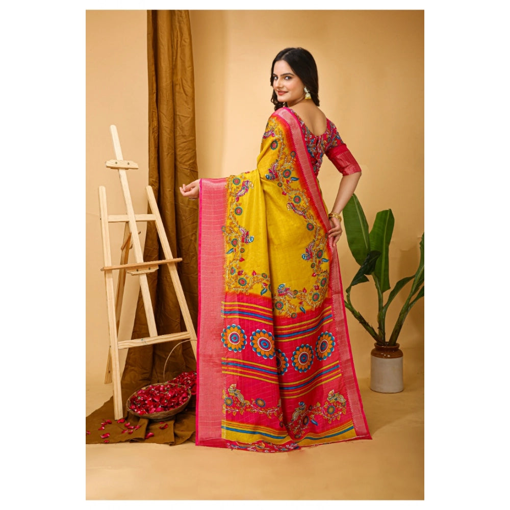 Yellow Kalamkari printed soft cotton saree with unstitched blouse for women, vibrant Indian traditional wear