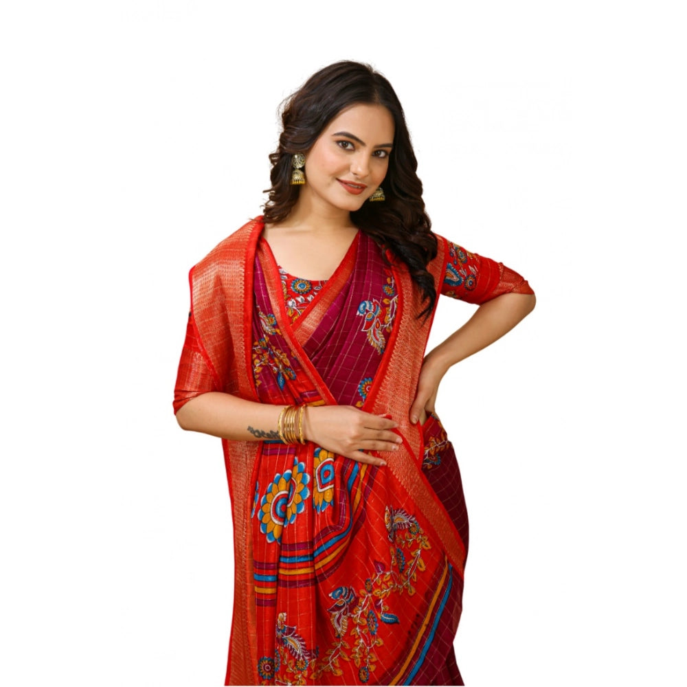 Maroon Kalamkari printed Dola cotton saree with unstitched blouse for women, soft and vibrant design