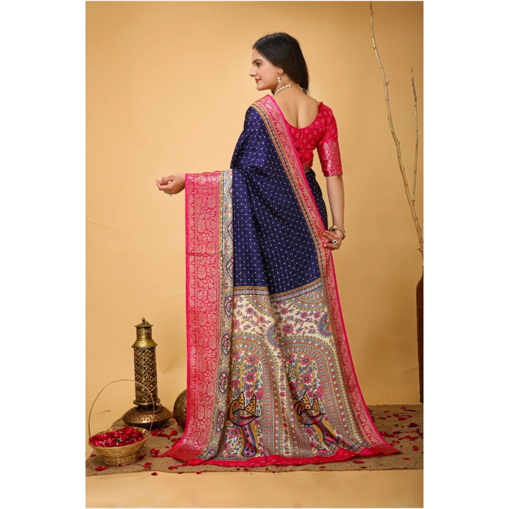 Navy blue kalamkari printed Dola cotton saree with unstitched blouse, soft fabric on model