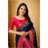 Navy blue Dola cotton kalamkari printed saree with unstitched blouse, soft draping fabric for traditional Indian wear