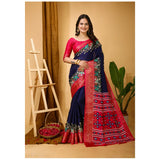 Navy blue kalamkari printed soft Dola cotton saree with unstitched blouse, vibrant ethnic wear for women