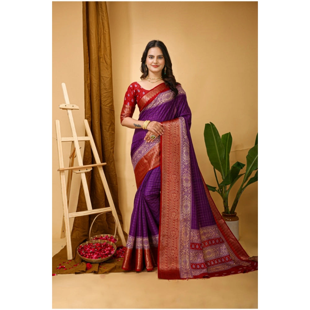Purple Kalamkari printed soft cotton saree with unstitched blouse, women's traditional Indian attire on display