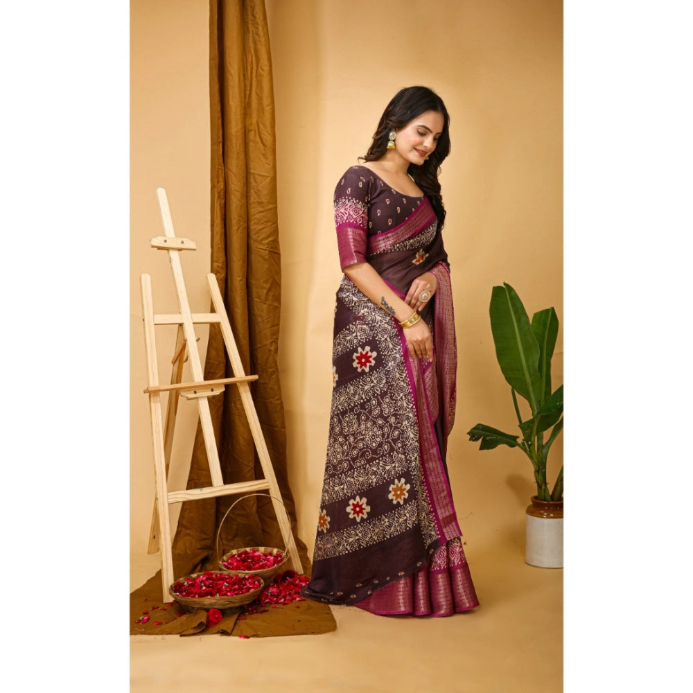 Maroon Kalamkari printed saree with unstitched blouse on mannequin, soft blooming marshmallow fabric