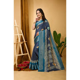 Grey soft blooming marshmallow fabric kalamkari printed saree with unstitched blouse, vibrant floral design on a traditional Indian background