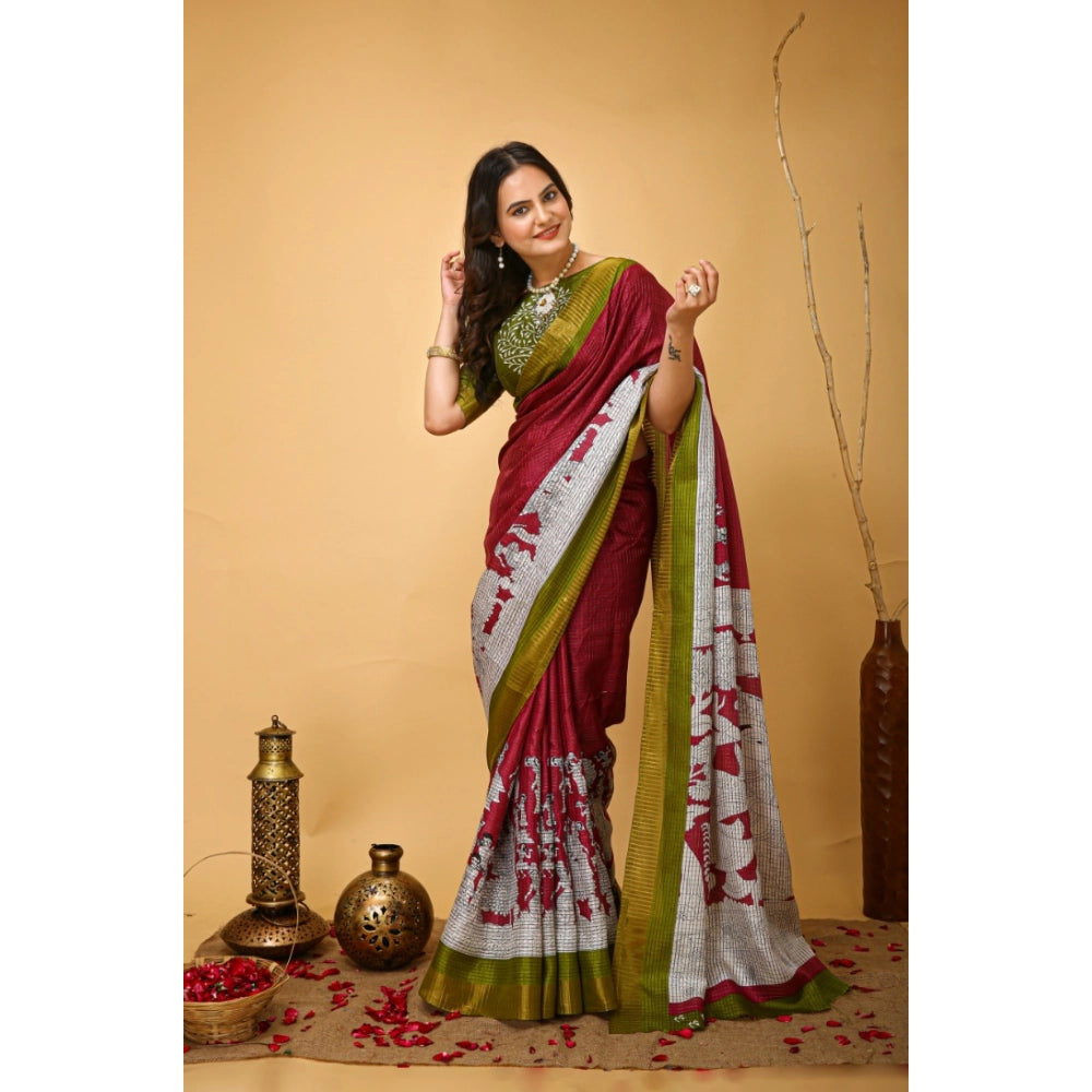 Maroon handloom cotton kalamkari saree with unstitched blouse, soft and vibrant Indian traditional wear