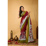 Maroon handloom cotton kalamkari saree with unstitched blouse, soft and vibrant Indian traditional wear
