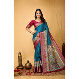 Sky blue Kalamkari printed soft dola cotton saree with unstitched blouse, traditional Indian wear