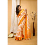 Yellow soft cotton silk printed saree with unstitched blouse (5.5Mtr)