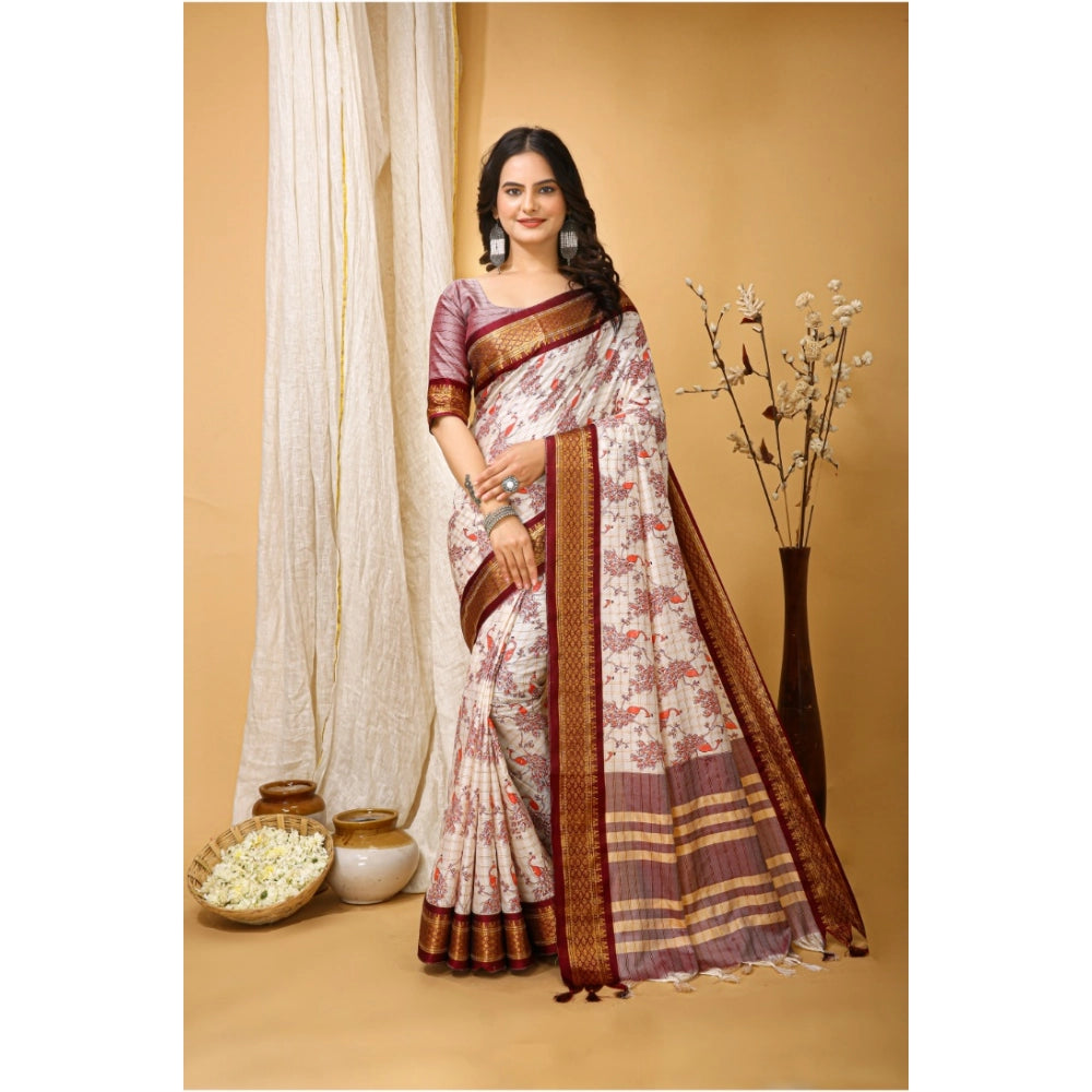 Maroon soft cotton silk printed saree with unstitched blouse, vibrant Indian wear