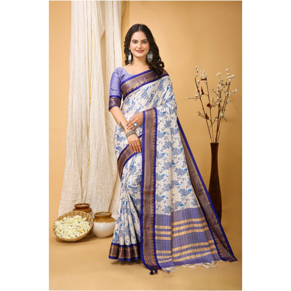 Purple soft cotton silk printed saree with unstitched blouse, vibrant floral pattern on a feminine 5.5mtr saree
