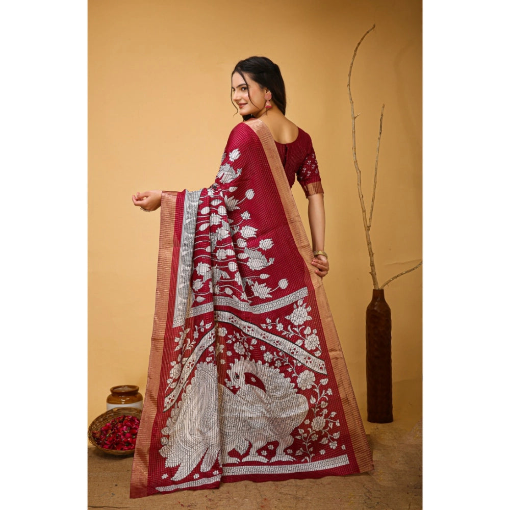 Maroon soft handloom cotton kalamkari printed saree with unstitched blouse, traditional Indian women's fashion accessory