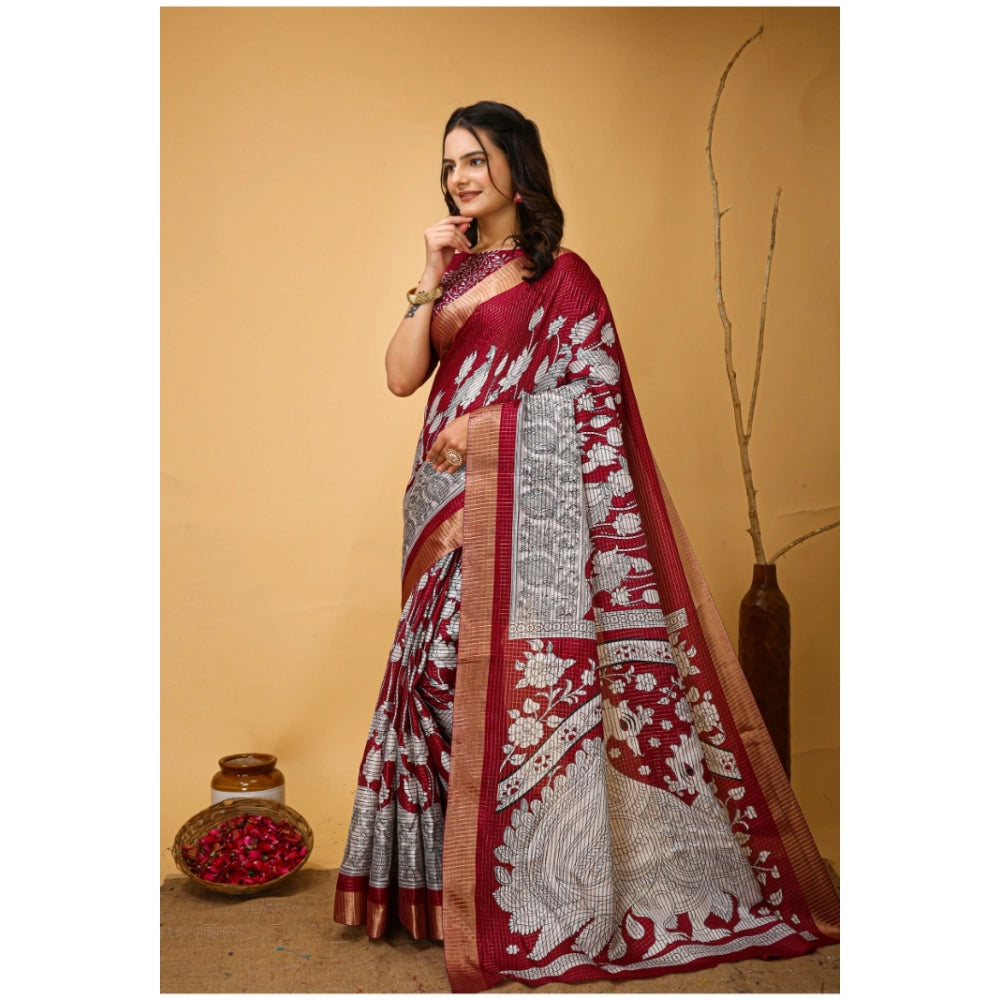 Maroon handloom cotton Kalamkari printed saree with unstitched blouse, soft fabric detail