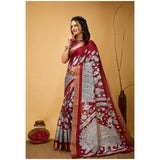 Maroon handloom cotton Kalamkari printed saree with unstitched blouse, soft fabric detail
