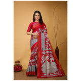 Soft handloom pink cotton kalamkari saree with unstitched blouse, vibrant traditional Indian print