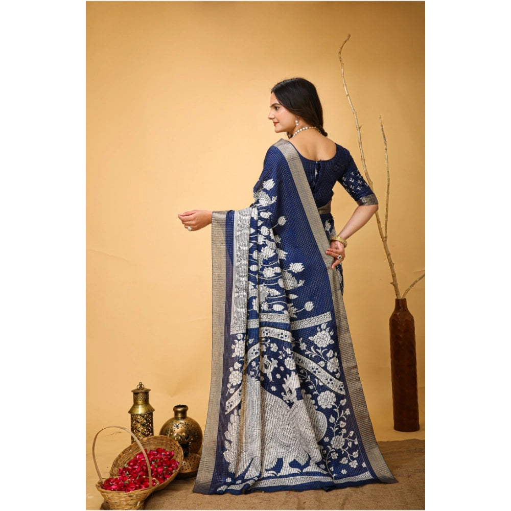 Blue soft handloom cotton Kalamkari printed saree with unstitched blouse, traditional Indian women's wear on mannequin
