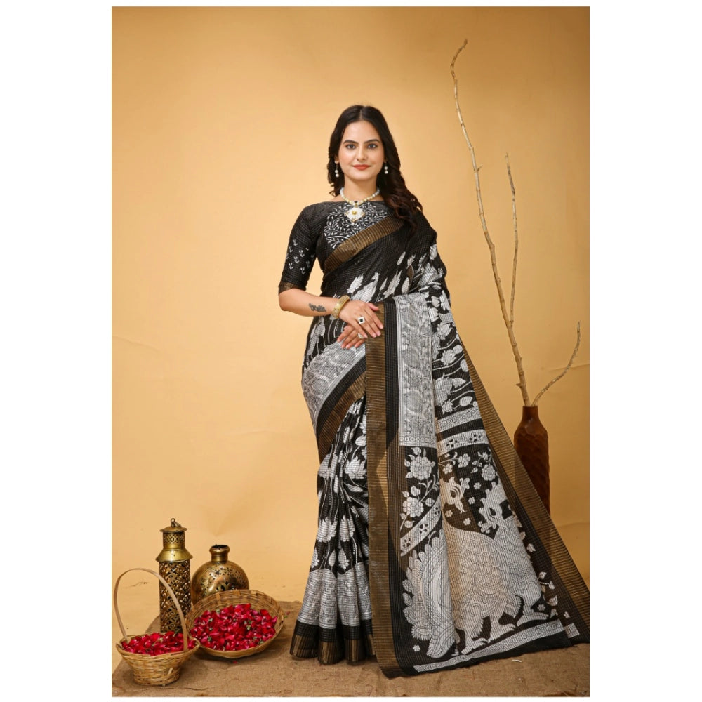 Black soft handloom cotton kalamkari printed saree with unstitched blouse, traditional Indian wear on model